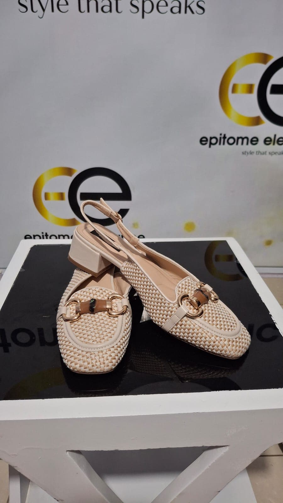 Cream Woven Gold-Bit Mules